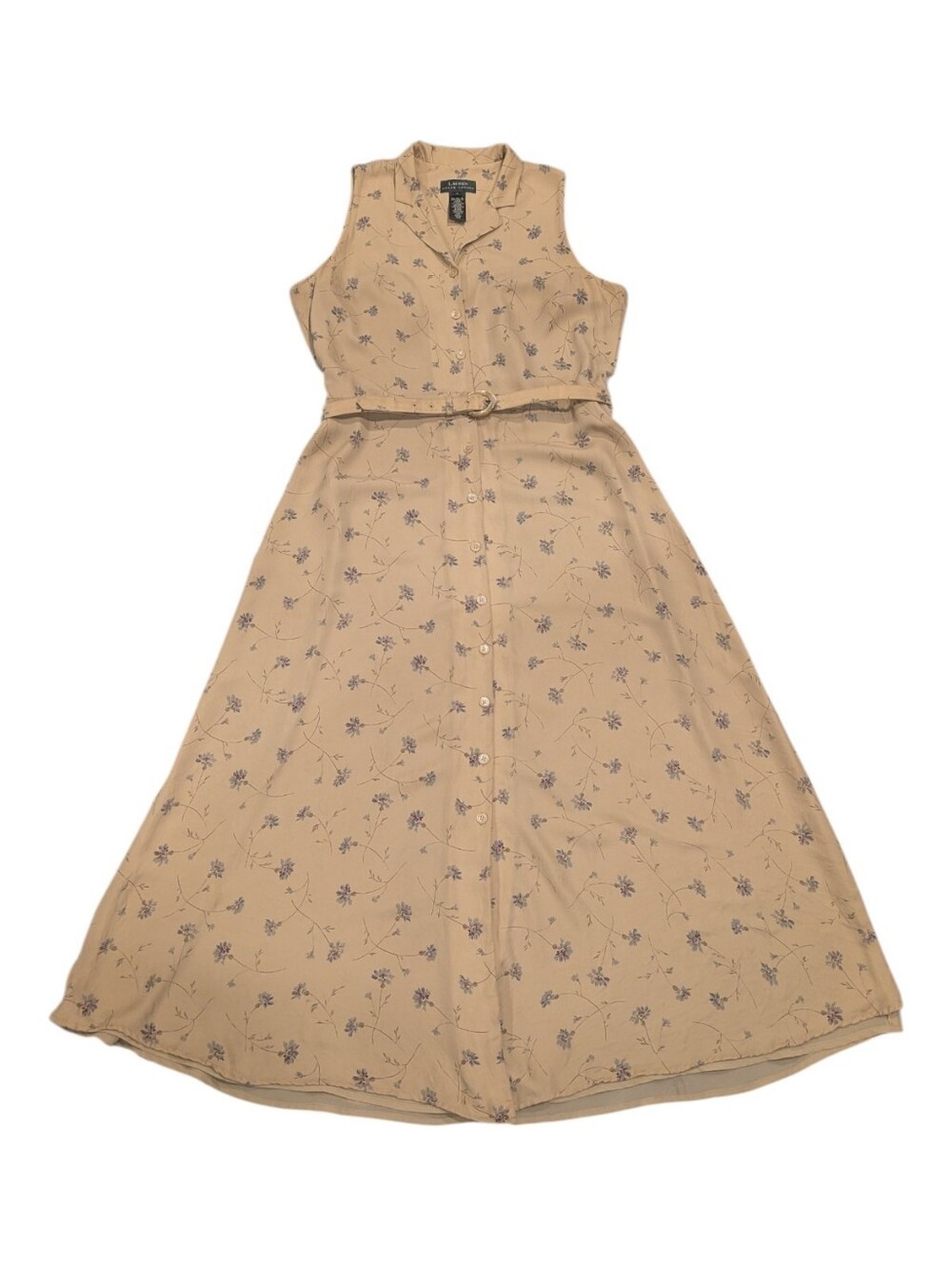 Ralph Lauren Vtg Silk Cream Floral Sleeveless Button-Up Maxi Dress w/Belt - Sz12